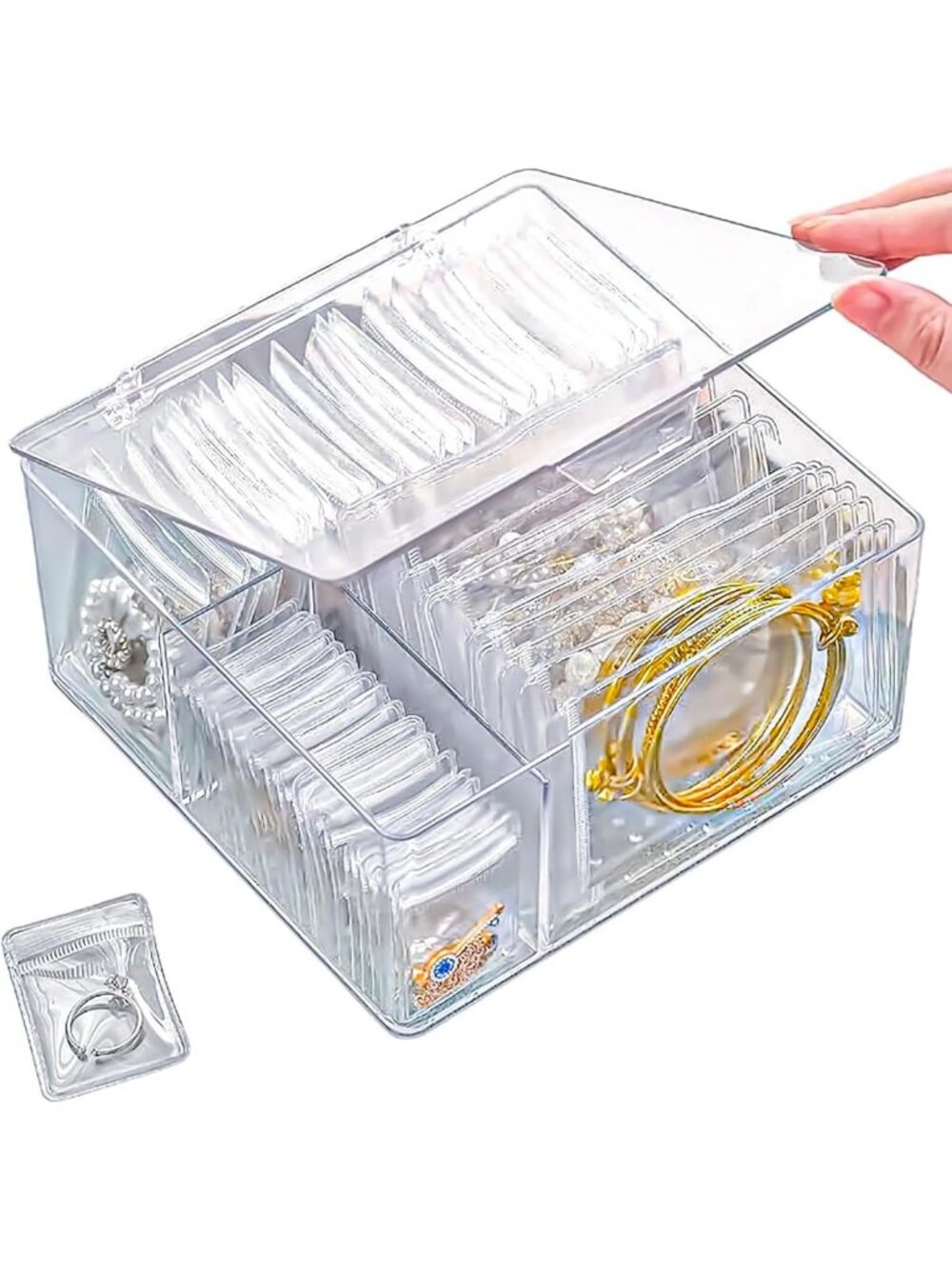 4-in-1 Clear Acrylic Jewelry Organizer with 60 Anti-Tarnish Bags - Travel Case